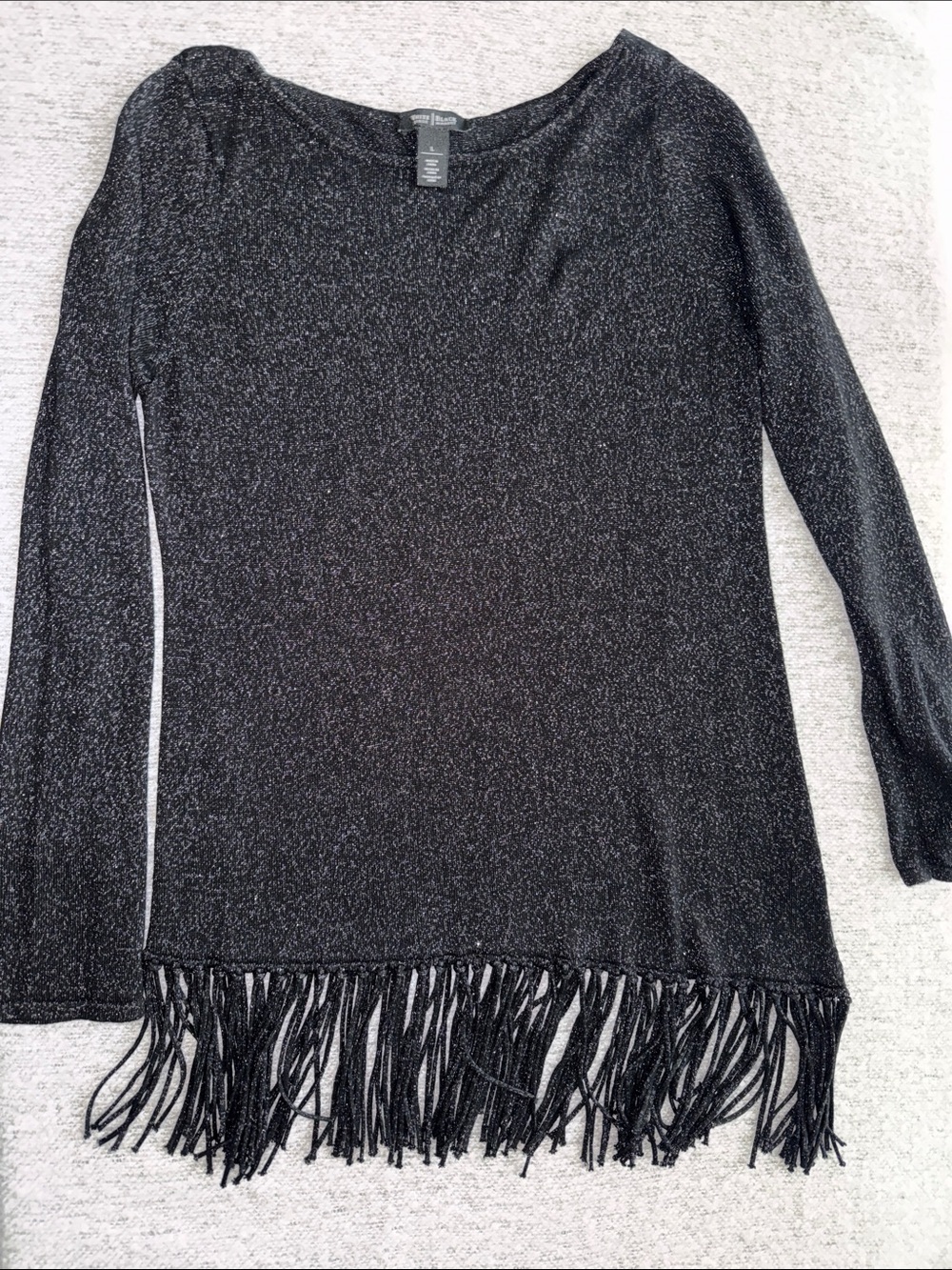 White House Black Market Black Metallic Fringe Scoop Neck Sweater Size L